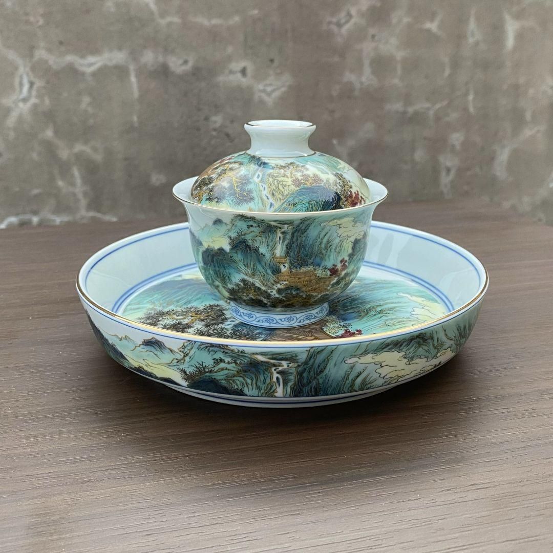 中国茶器 七承堂可懸停山居払雲図三才蓋碗 茶杯 茶碗 煎茶道具 新品未使用 中国茶器 七承堂可懸停山居払雲図三才蓋碗 茶杯 茶碗 煎茶道具