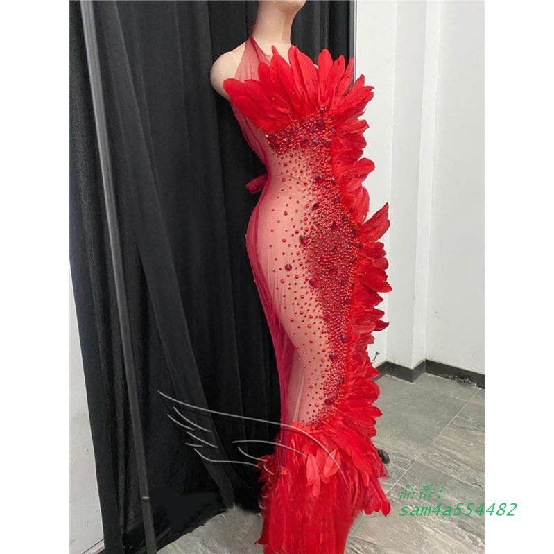 オフショアオフドレス セクシードレス 女性ステージフェザーソリッド 羽 イブニング パーティードレス マキシドレス ノースリーブ am4a554482