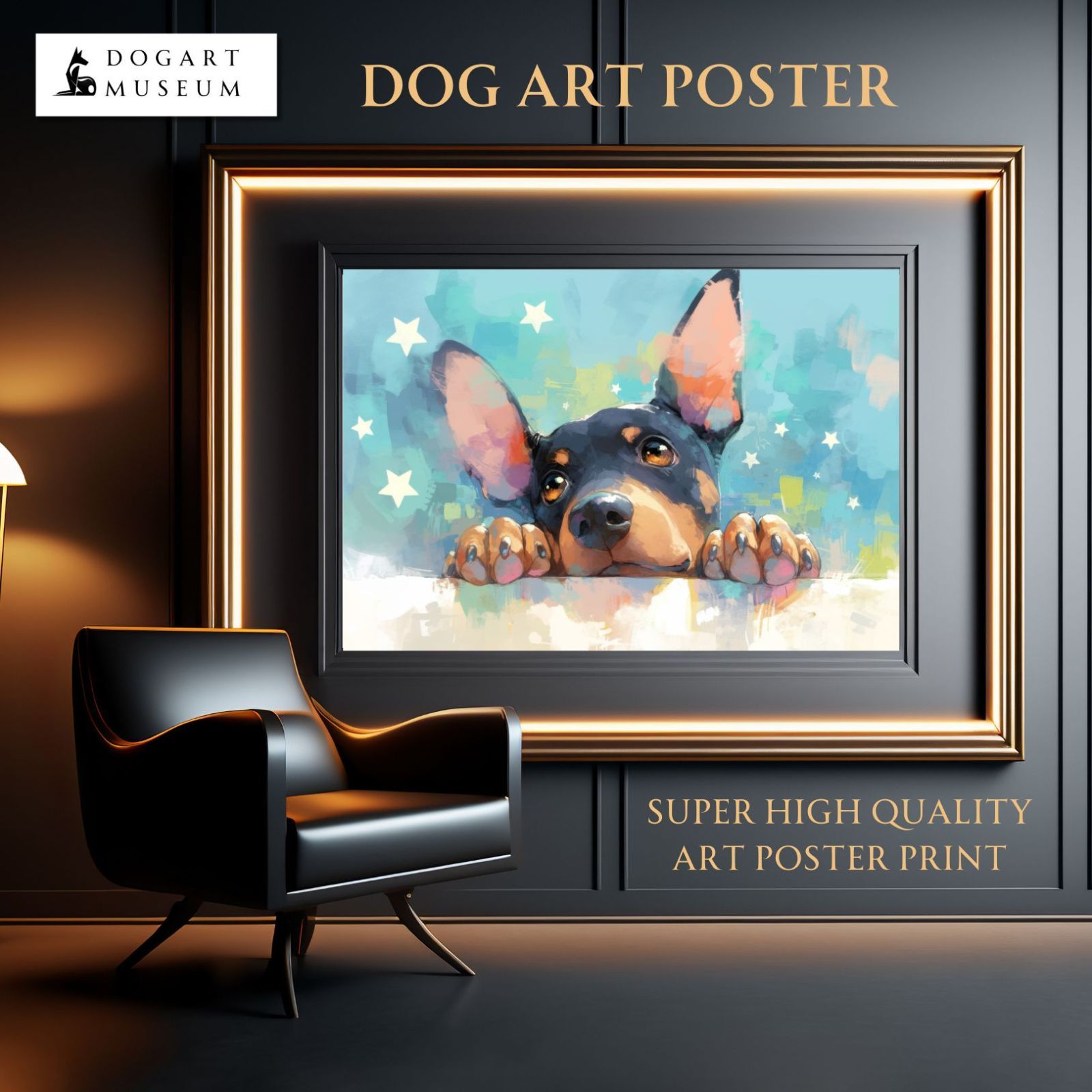 The Starry Dog 星降る犬 - ミニチュア ピンシャーの子犬 No.4 星 スター かわいい 子犬 アートポスター 犬の絵 犬の絵画 犬のイラスト