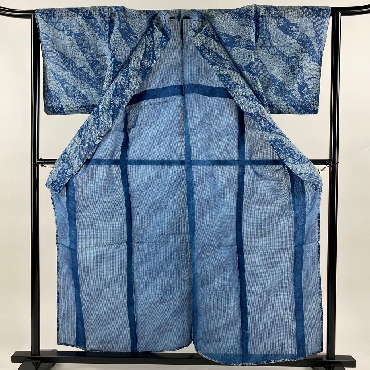 小紋 身丈158.5cm 裄丈63.5cm S 薄物 絹紅梅 扇面 草花 本藍瓶染 藍色  