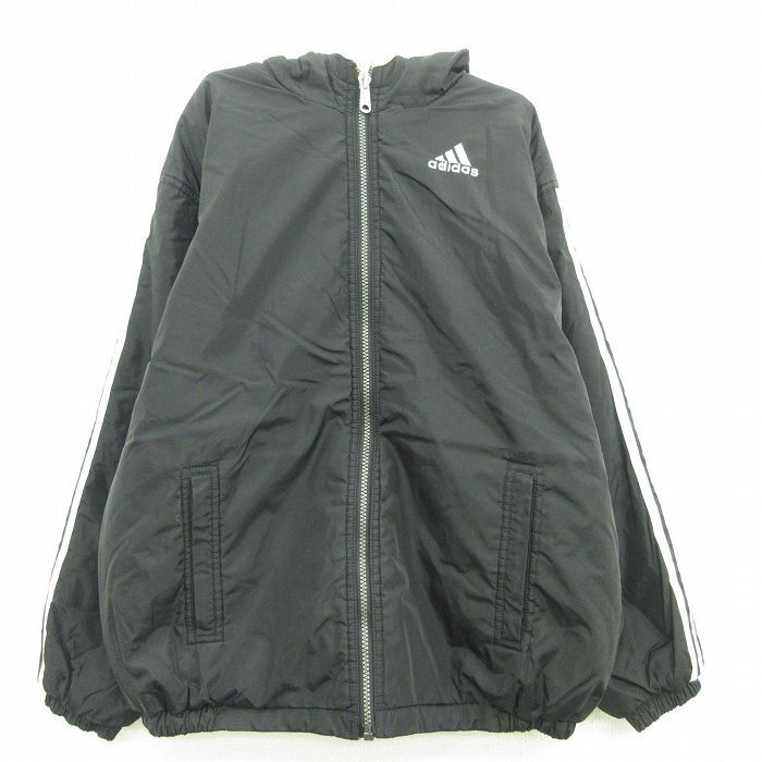 古着 アディダス adidas 長袖 ナイロン ジャケット パーカー キッズ ボーイズ 子供服 90s ビッグロゴ リバーシブル 黒他 ブラック 3本