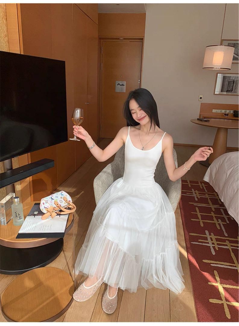 韓国風ハイウエストロングワンピースレースキャミソールメッシュチュールドレス