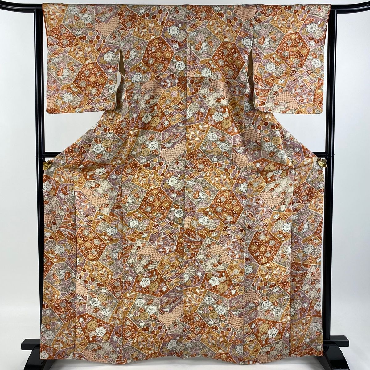 小紋 身丈165.5cm 裄丈63.5cm S 袷 寄せ柄 草花 縮緬 オレンジ