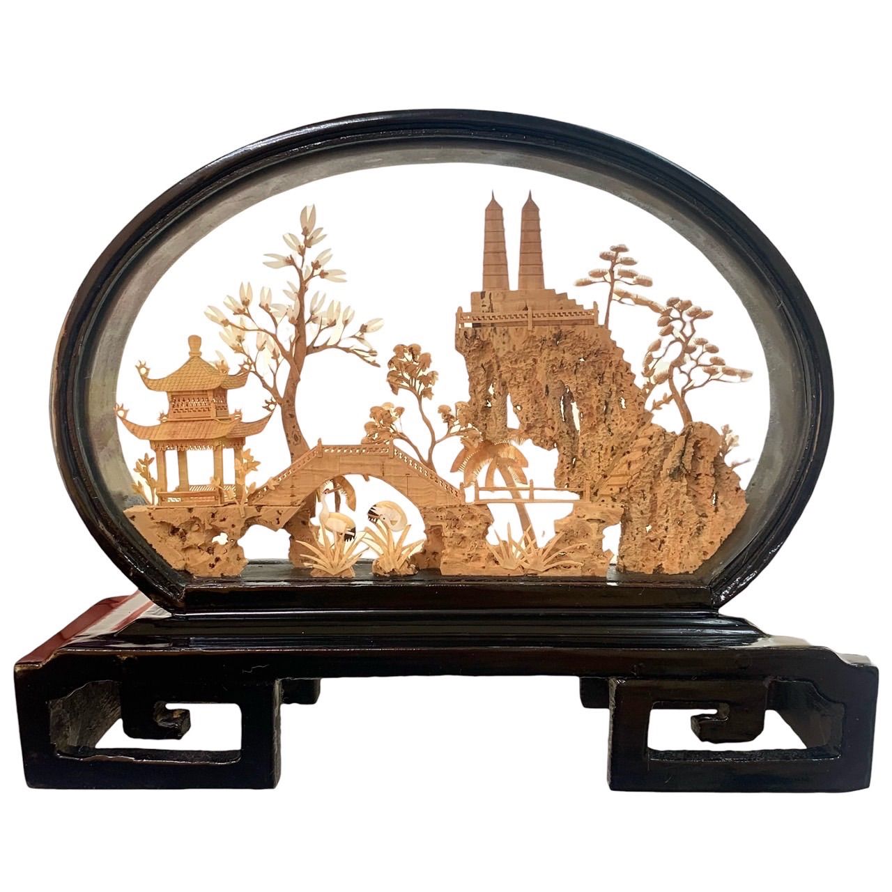 3つ 中国美術 中国伝統工芸品 細密彫刻 ゲ2 軟木彫り 楼閣山水図松