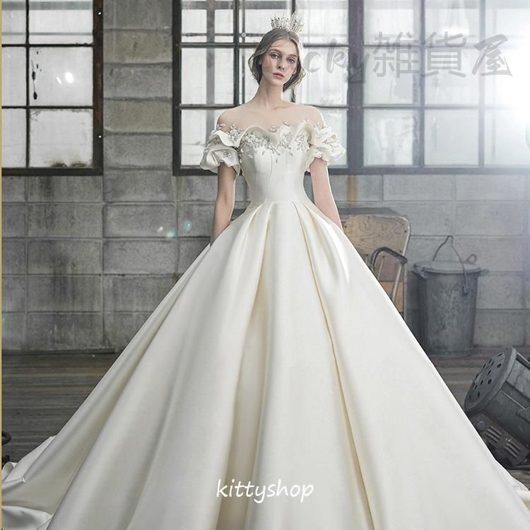 ウェディングドレス サテン ドレス 感 結婚式ドレス 二次会ドレス 花嫁ドレス Aライン ロングドレス 袖あり 白 海