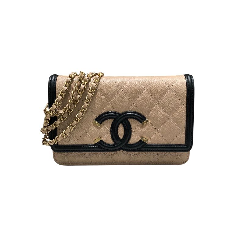 シャネル CHANEL CCフィグリーチェーンウォレット A84451 ベージュ×ブラック GD金具 キャビア レディース ウォレットチェーン