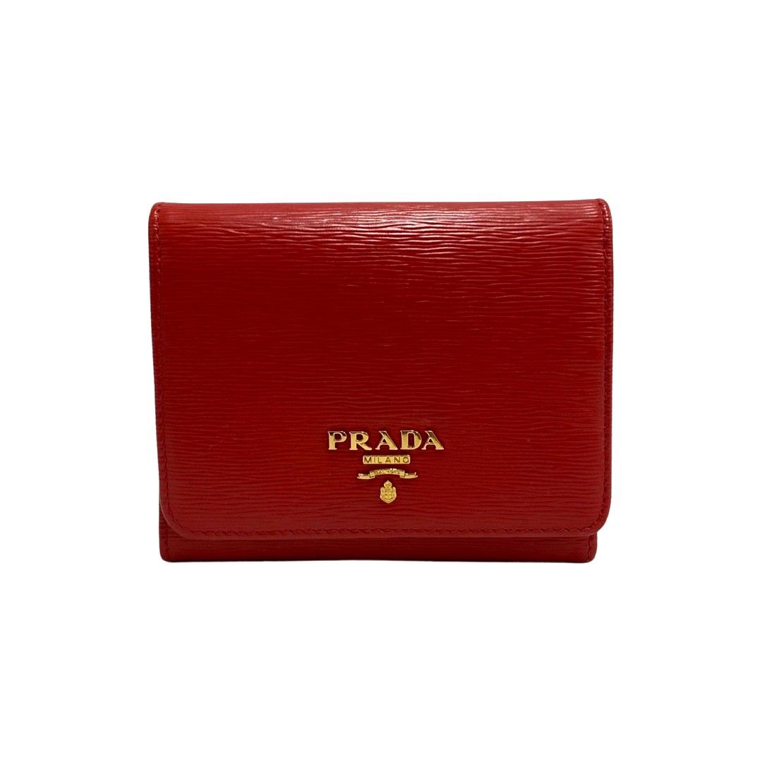 極 美品 希少品 保存箱付 PRADA プラダ ロゴ 金具 レザー 本革 三