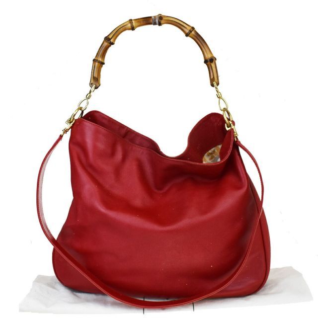 【中古】 グッチ(Gucci) バンブー 2Way レディース レザー，バンブー ショルダーバッグ レッド 09FB689