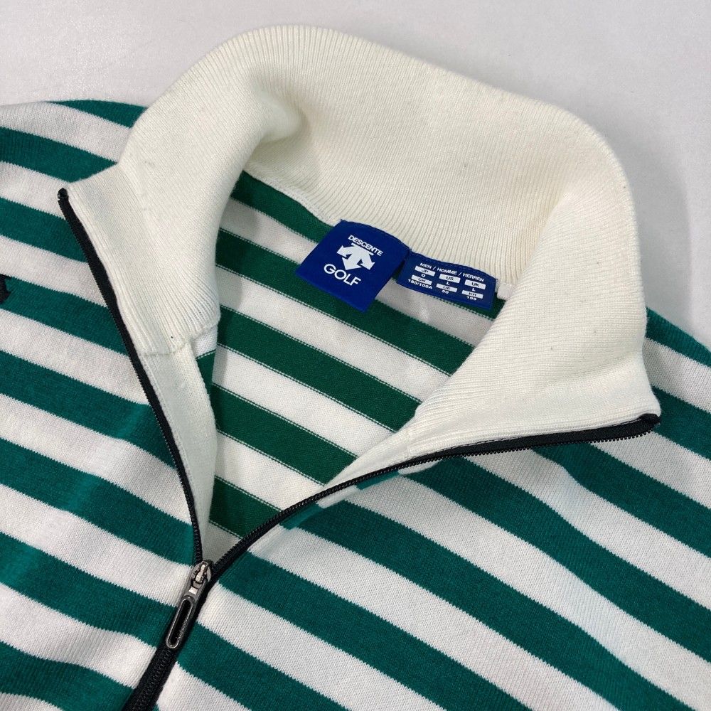 サイズ：O DESCENTE GOLF デサントゴルフ  ハーフジップ ニットセーター ボーダー柄 ホワイト系 [240101377223] ゴルフウェア メンズ ストスト サイズ：O DESCENTE GOLF デサントゴルフ ハーフジップ ニット
