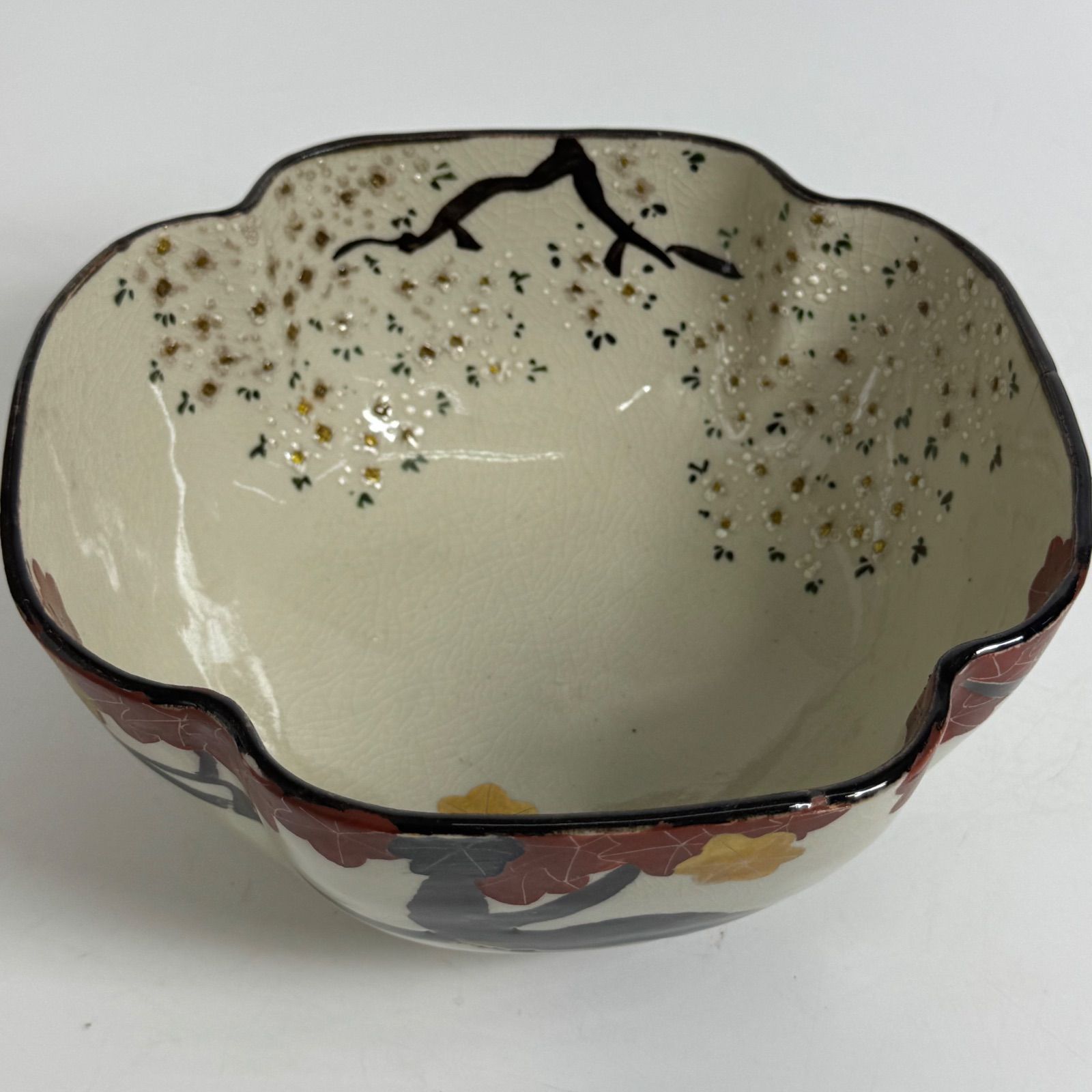 菓子鉢 変形 茶道具 器 鉢 桜 紅葉 木箱 盛鉢 色絵 深鉢 雲錦菓鉢 和食器 菓子鉢 茶道具 花壺造 中薇作 色絵紅葉桜図 共