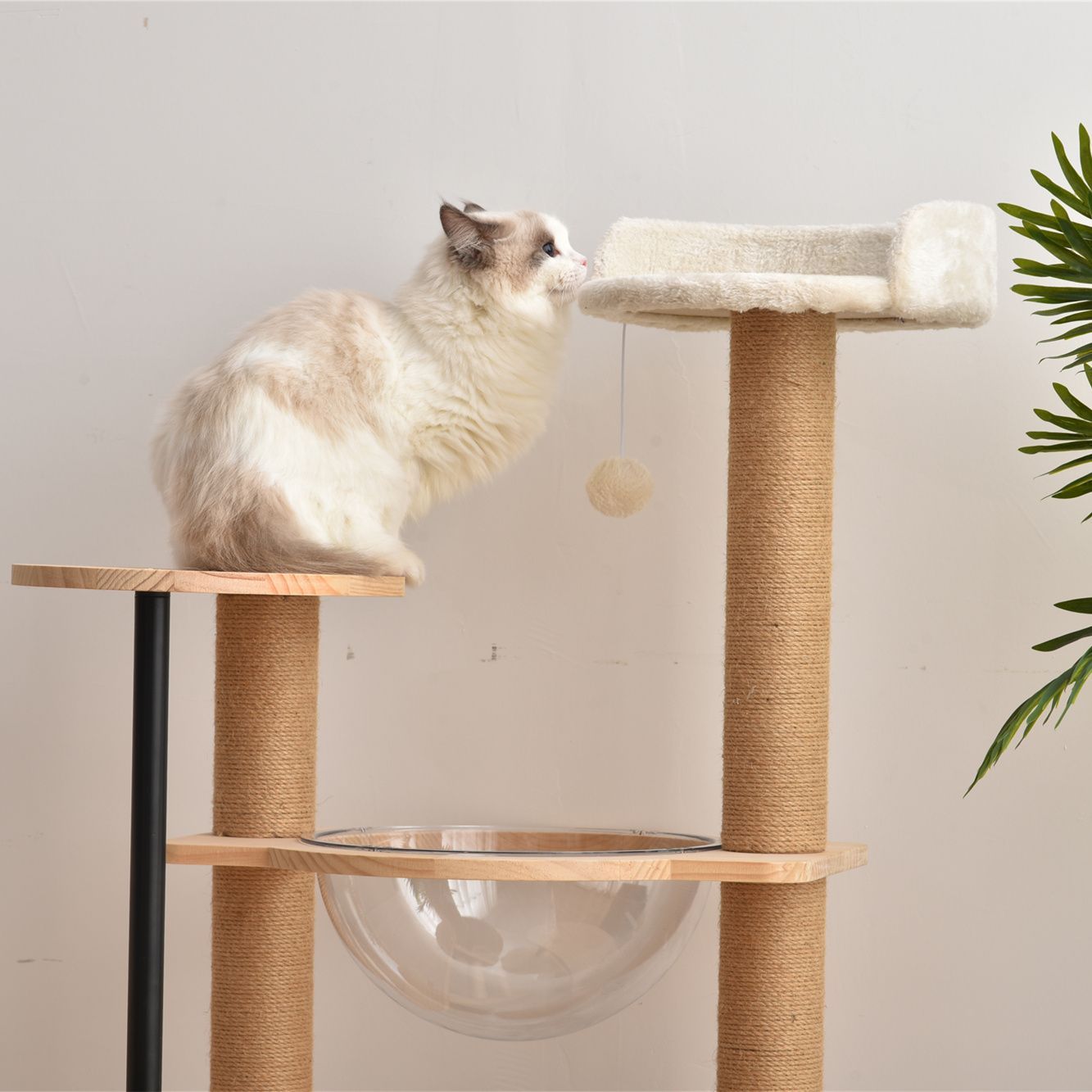 木製宇宙船型キャットタワー｜多頭飼い対応｜ボンボンおもちゃ付｜麻紐爪とぎ｜据え置き型｜ペット用品｜TX306289AAA