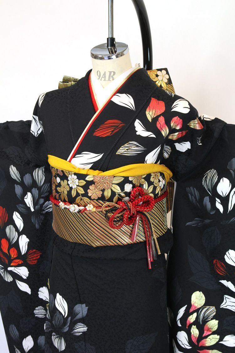 振袖フルセット 5点セット シック モダン シンプル 最高級 黒 金箔 花