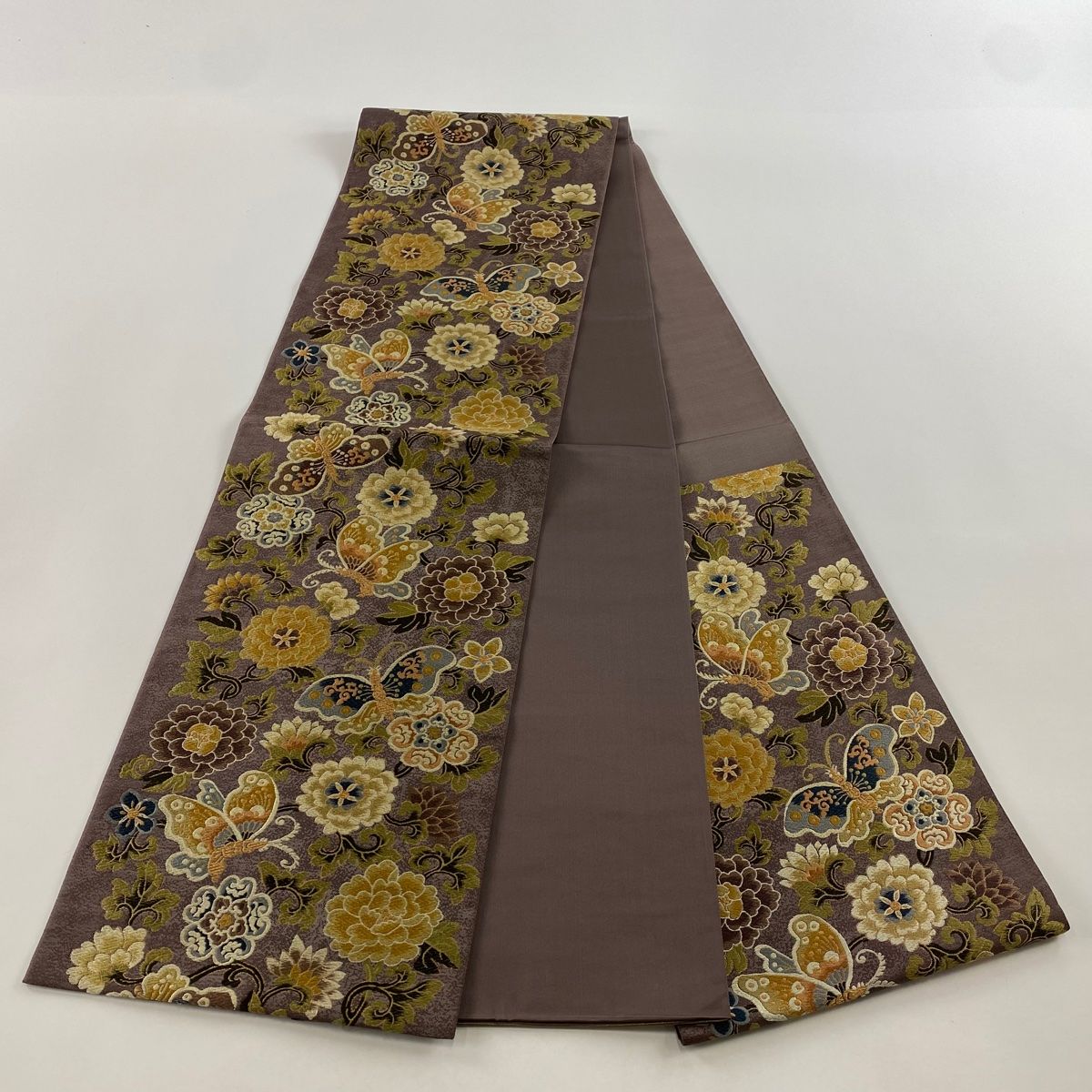 袋帯 美品 名品 草花 蝶 金糸 輪奈織 茶紫 六通 正絹 【中古】 【公式 