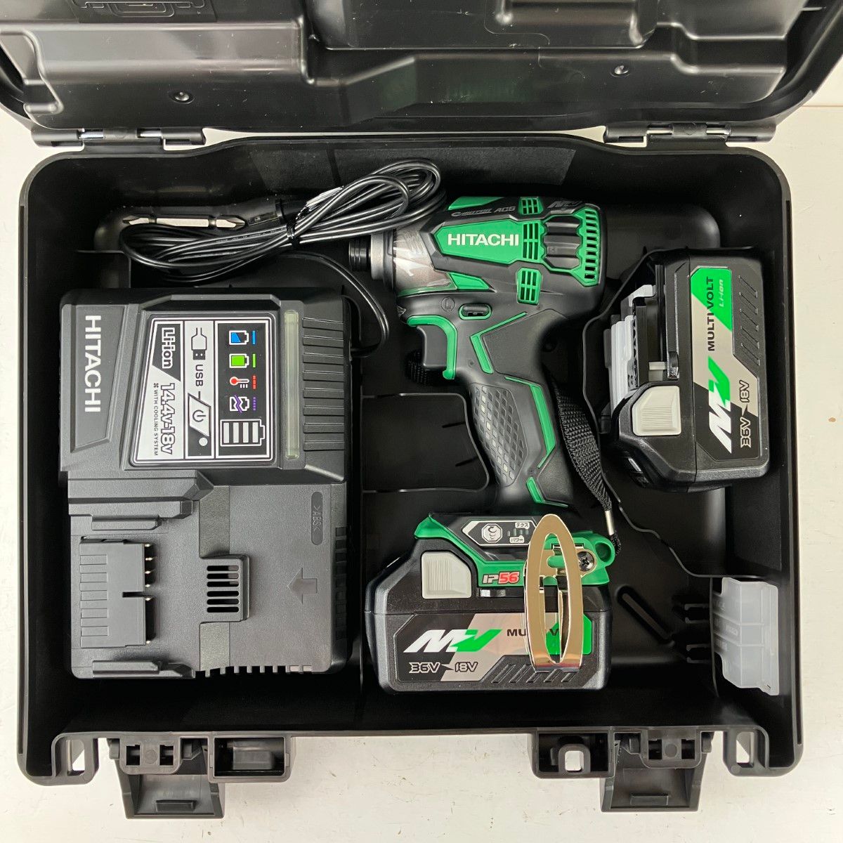 ЗЗHITACHI 日立 36v インパクトドライバ バッテリーx2 充電器 ケース付 WH36DA グリーン×ブラック