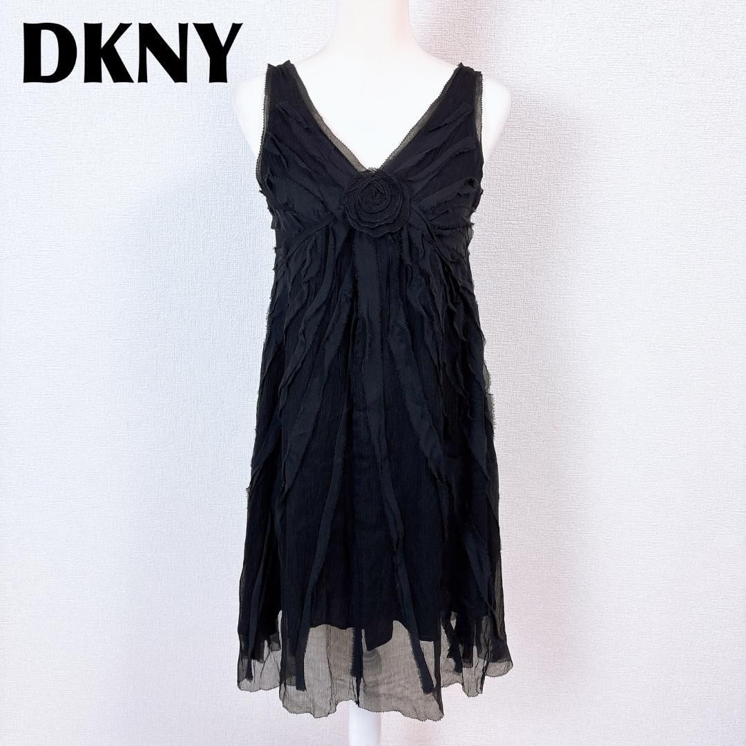 DKNY ノースリーブワンピース シルク メッシュ裾 4 薔薇