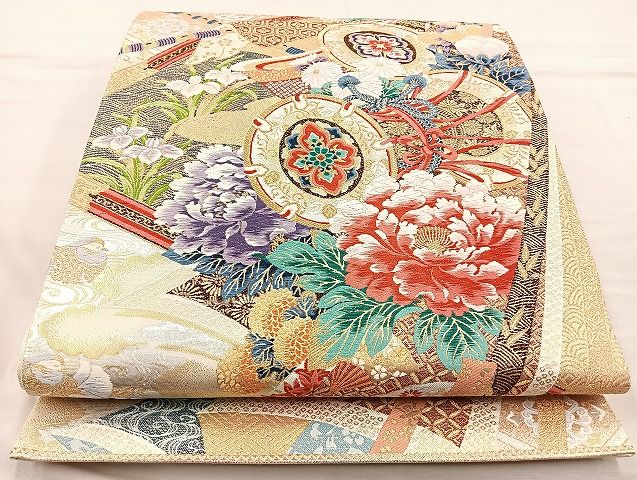 平和屋着物□六通柄袋帯 唐織 鴛鴦花鼓文 純金箔 正絹 逸品