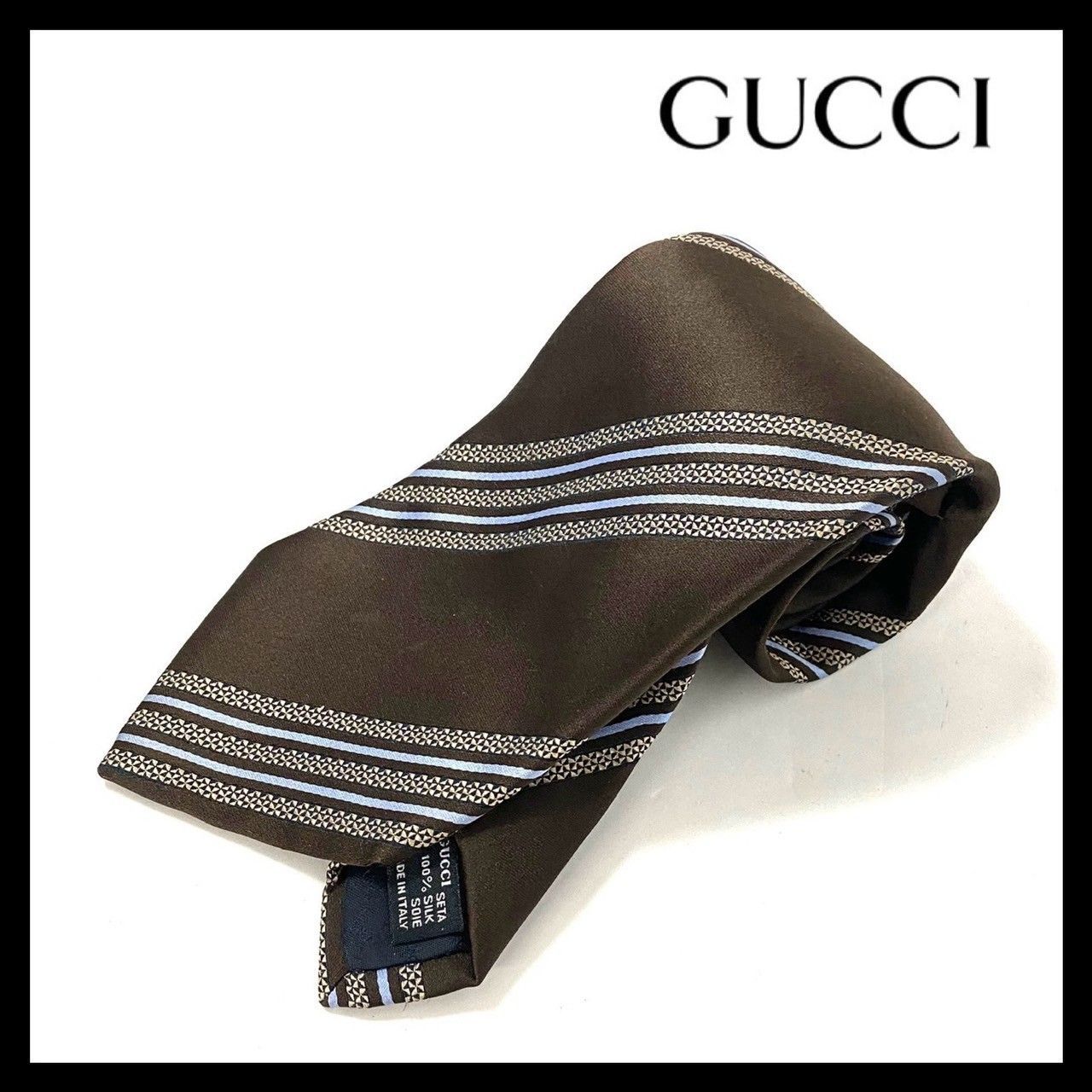 美品 GUCCI グッチ ネクタイ シルク100％ ブラウン系 茶色 ストライプ GUCCI】ネクタイ SILK/シルク 100% ブラウン/茶 ライトブルー