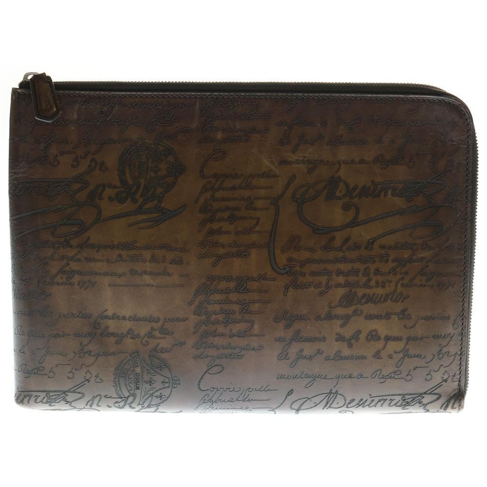 Berluti ベルルッティ ニノGM ラウンドジップ カリグラフィ スクリット レザー セカンド バッグ ブラウン