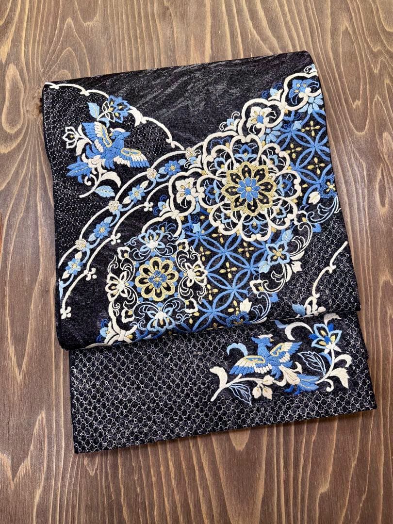 美品 豪華 相良刺繍 中国刺繍 六通 袋帯 正絹 帯締めのおまけ付き 正絹】袋帯 六通 中国三大刺繍 汕頭・相良刺繍 総刺繍 正倉院文様 希少
