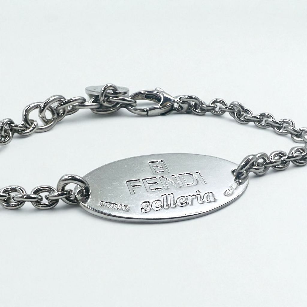 美品 フェンディ ブレスレット セレリア ロゴ プレート シルバー 925 FENDI セレリア selleria ロゴプレート チェーン ブレスレット