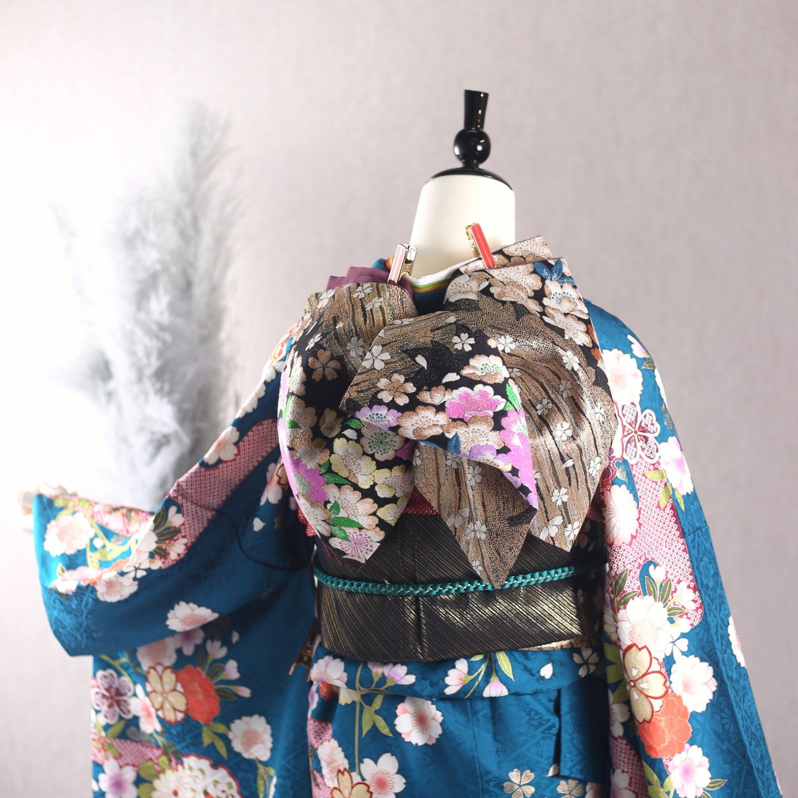 振袖フルセット 振袖セット 振袖 LLサイズ 青緑×古典 美品 成人