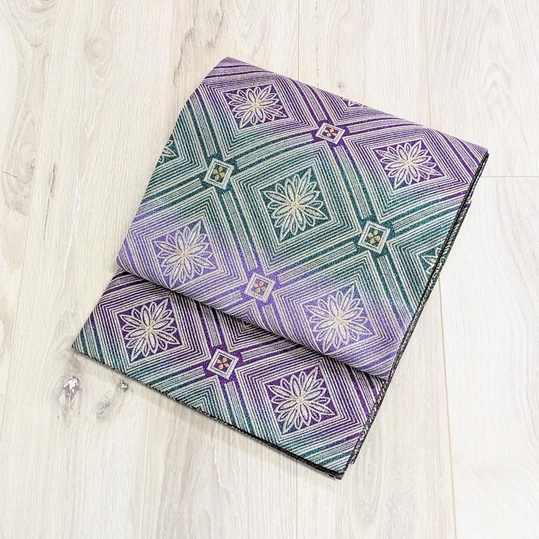 新品・仕立て上がり】正絹 袋帯 フォーマル カジュアル モダン 緑 紫 b65-