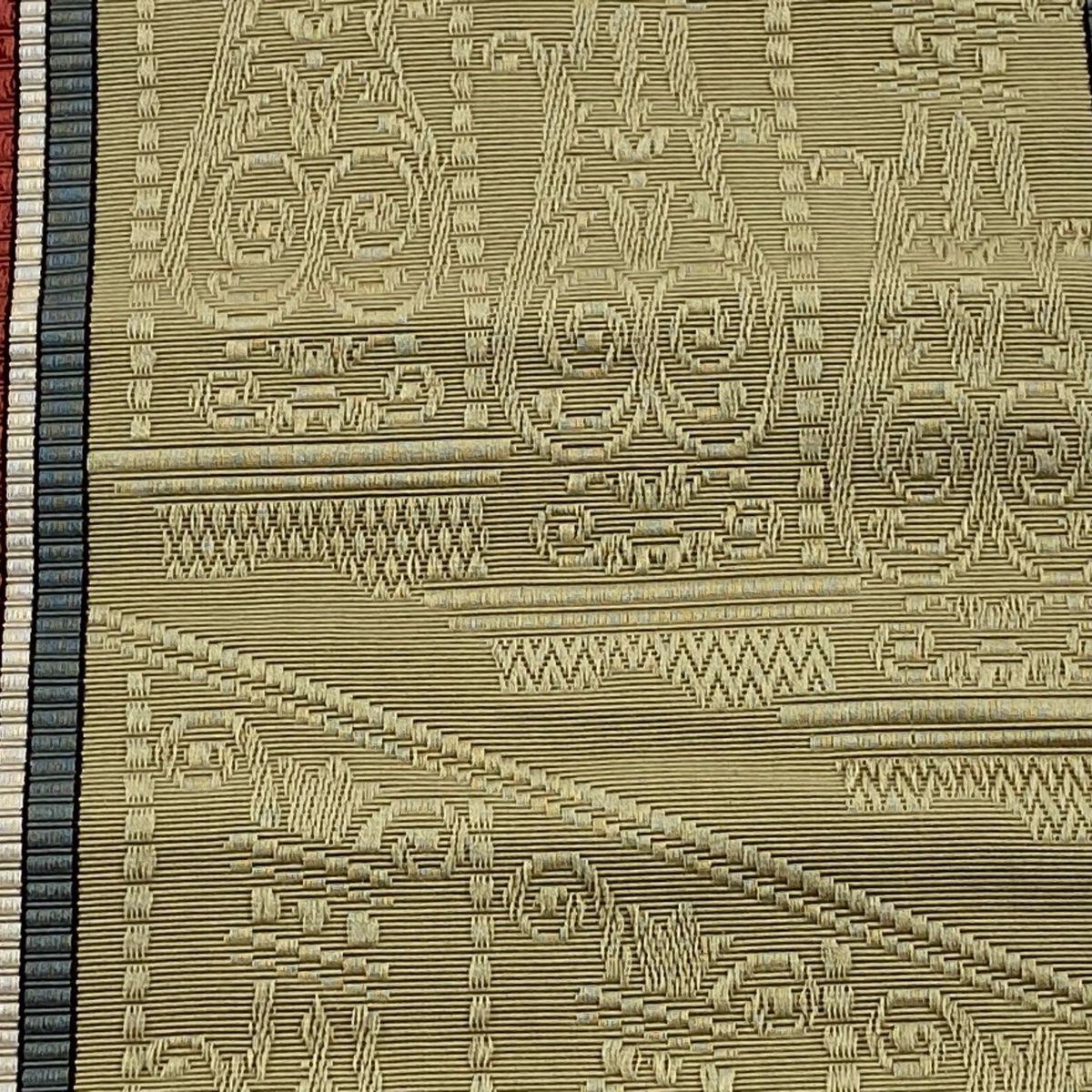 半幅帯 秀品 縞 幾何学模様 灰緑 正絹