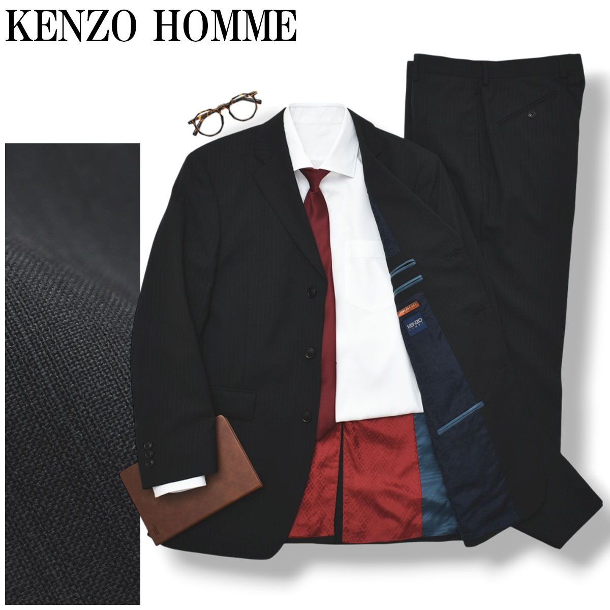 ケンゾー オム KENZO HOMME 裏地 文様柄 ケーブルストライプ シングル 3B スーツ セットアップ 上下 テーラードジャケット スラックスパンツ 春夏 48 ブラック メンズ