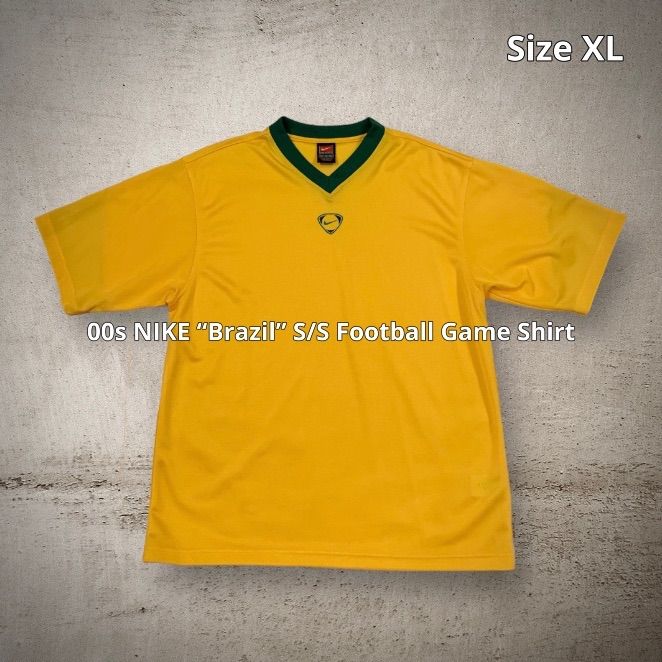 00s NIKE “Brazil” S/S Football Game Shirt ナイキ フットボールシャツ ゲームシャツ プラクティスシャツ  イエロー グリーン XLサイズ ブラジル Vネック ロゴ刺繍 TEAMタグ サッカー