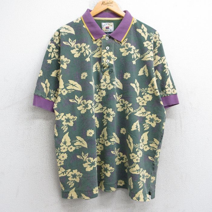 XL/古着 半袖 ポロ シャツ メンズ 00s ハイビスカス 総柄 鹿の子