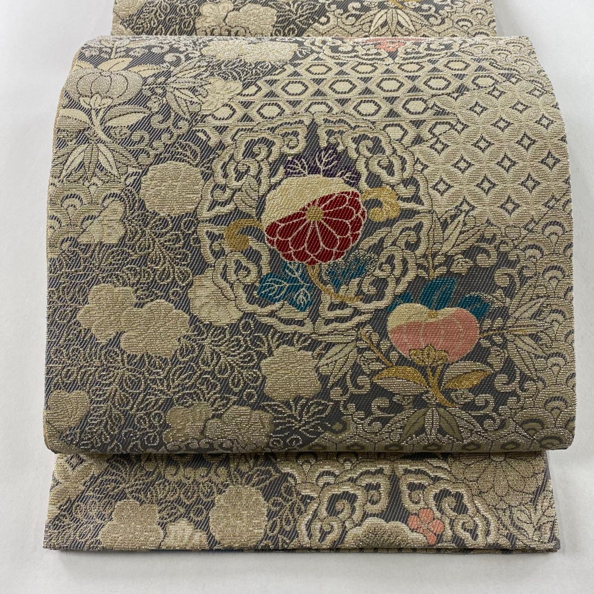 袋帯 名品 松竹梅 波頭 箔 金銀糸 ベージュ 六通 正絹 中古