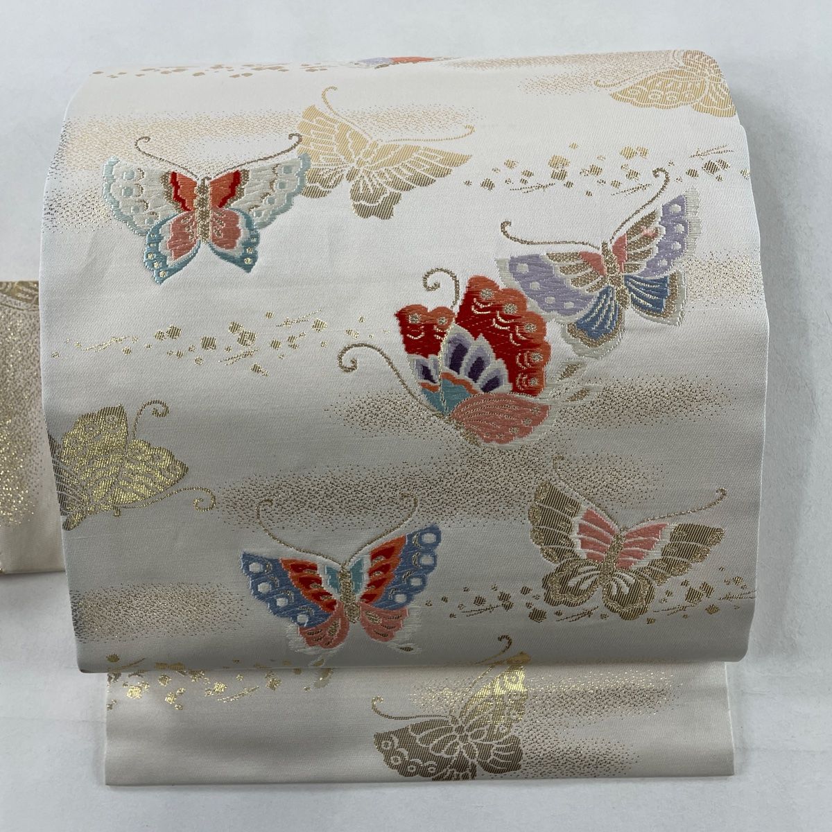 袋帯 鏡裏文様 地模様 華唐草 刺繍 金糸 銀糸 正絹 H177