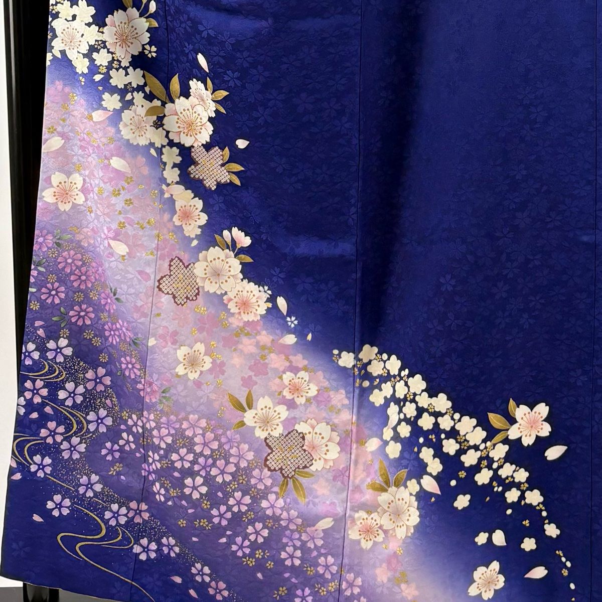 振袖 身丈160cm 裄丈63cm S 袷 桜 流水 金彩 ラメ 青紫 正絹