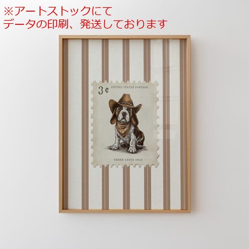 mz ポスター A1 サイズ (~A4まで対応可) カウボーイ犬 ヴィンテージスタンプ ホーム デコレーション ウォールアート 素朴なフレンチブルドッグ ストライプ トレンディナポスター ウエスタン 
