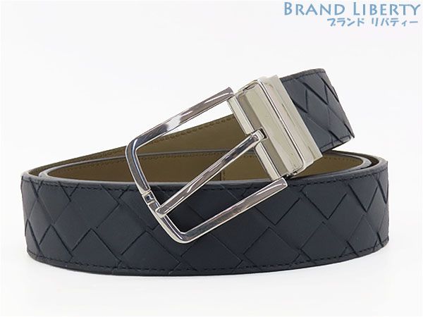 【新品同様】ボッテガ ヴェネタ　BOTTEGA VENETA　イントレチャート　リバーシブル　ベルト　35MM　メンズ 95/38　スペース ネイビー アージル ブラウン　カーフレザー　652944
