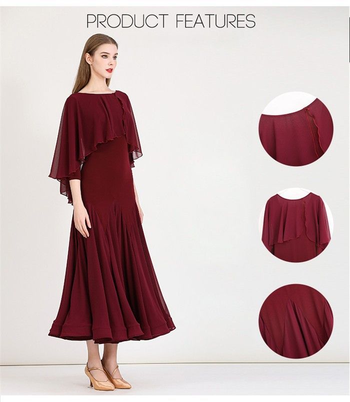 超安値登場！ 社交ダンスドレス モダンドレス ワインレッド 社交ダンス衣装 社交ダンス ドレス 大きい裾 スタンダードドレス ワルツダンス ステージ衣装 ダンス衣装 ダンスウェア 競技会 パーティー 発表会 競技着 練習着 舞台 演奏会 演出