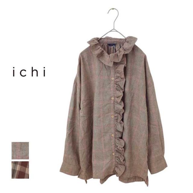 イチ ichi シャツ レディース 240707 コットンビエラチェックブラウス BLOUSE コットン ブラウン フリーサイズ ナチュラル 大人 長袖 フリル 241218