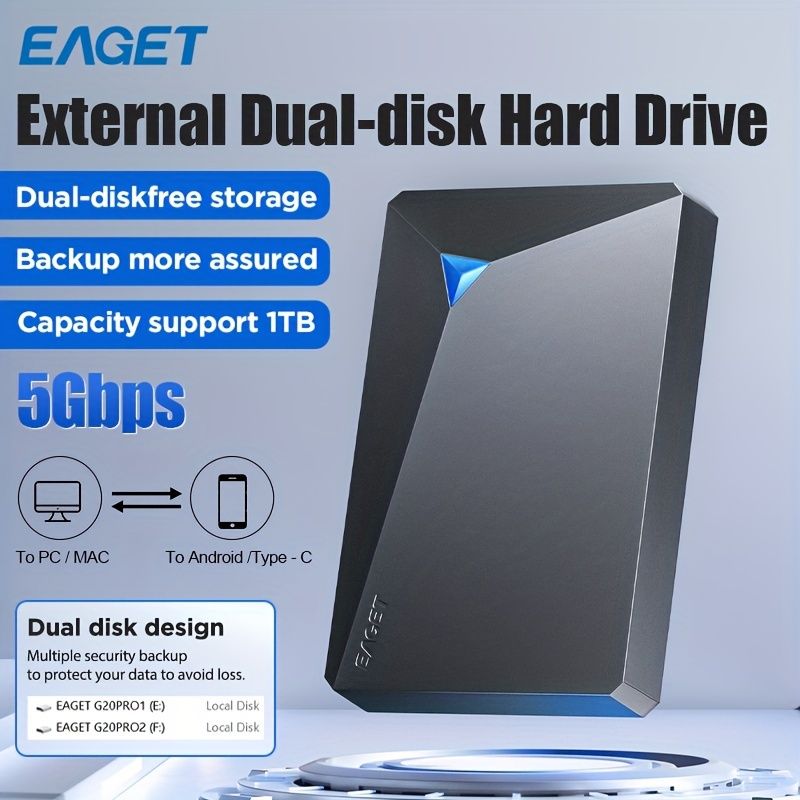 EAGET 1TB ポータブルデュアルディスクハードドライブ - USB 3.0 外部ストレージ PC Mac PS Xbox用プラグ＆プレイ - 誕生日や大切な人への理想的なギフト