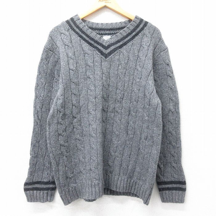 L/古着 オールドネイビー OLD NAVY 長袖 ケーブル セーター メンズ 00s Vネック グレー spe 25jan16 中古 ニット トップス