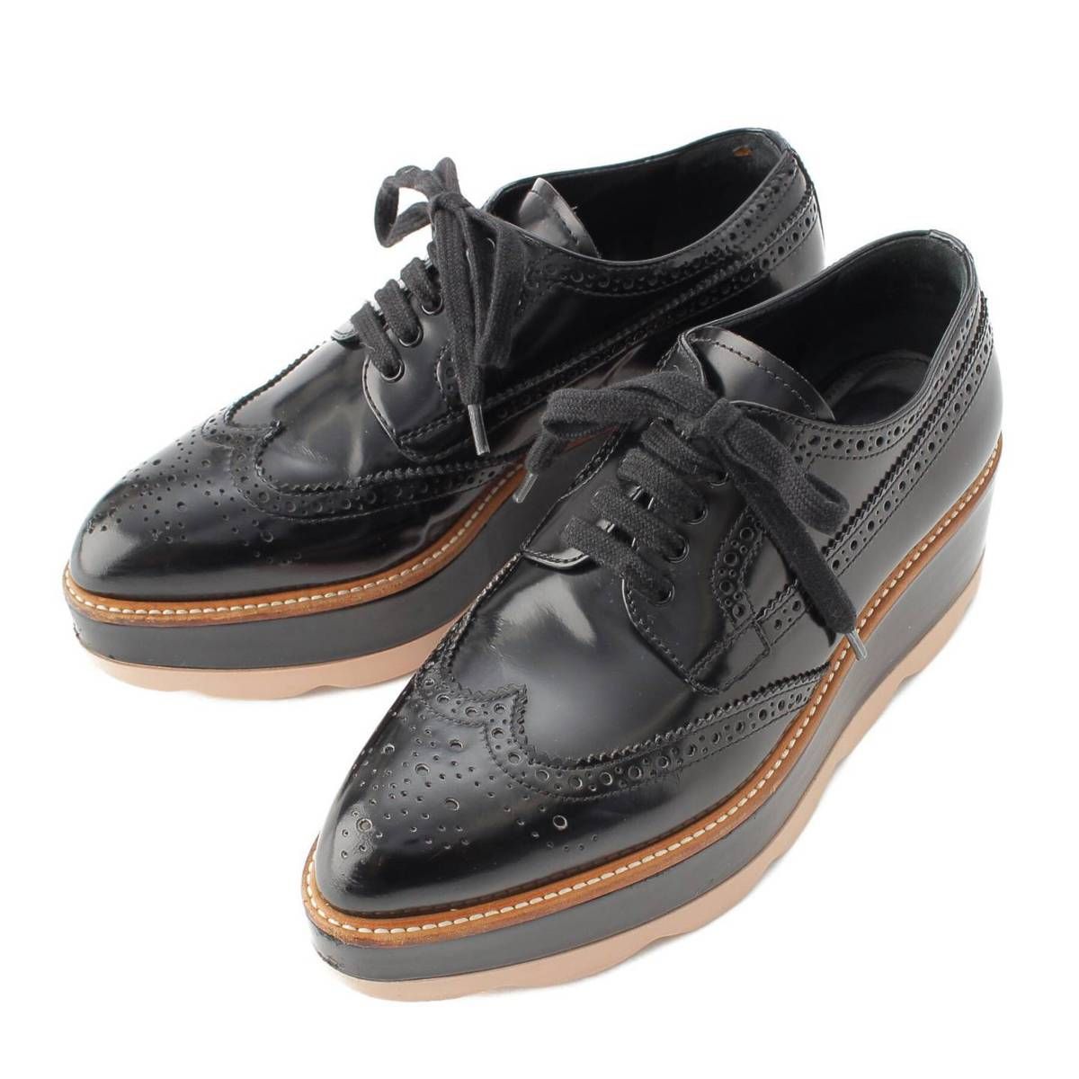 プラダ Prada 厚底 ウィングチップ レザー レースアップ シューズ 1E935G ブラック 36 鑑定済 保証 210848