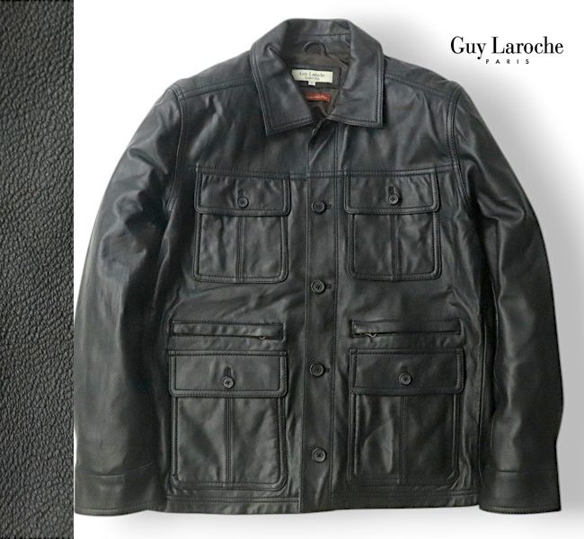 美品 Guy Laroche ギラロッシュ 羊革 最高級 とろとろラムレザー 6ポケット ミリタリージャケット 黒 ブラック L【参考価格￥77，000-】