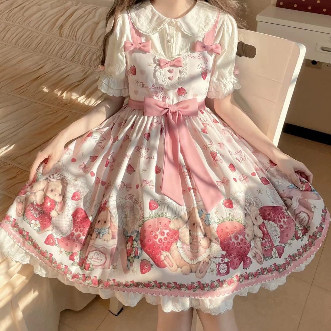 いちごうさぎ柄ロリータ♪ワンピース＆ブラウス2点セット お出かけや女子会に
