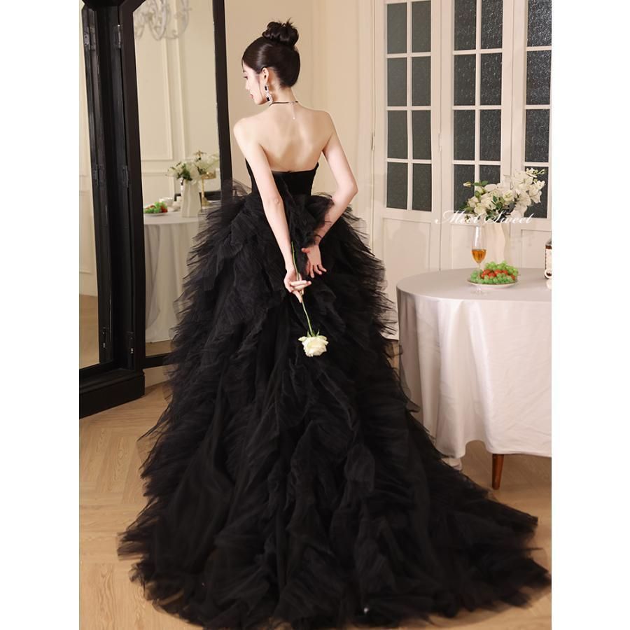 ドレス プリンセスライン ブラック 黒 フリル ベアトップ ロングドレス ウェディングドレス ウエディングドレス 結婚式 二次会 花嫁