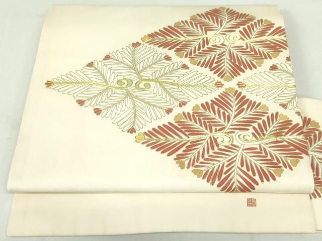 平和屋着物●塩瀬　九寸名古屋帯　枝松葉文　正絹　逸品　CAAV7018hy 平和屋着物○塩瀬 九寸名古屋帯 枝松葉文 正絹 逸品 CAAV7018hy 平和