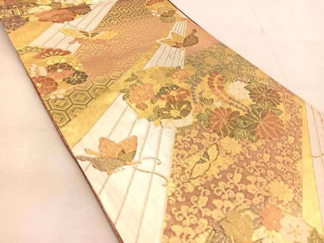 袋帯 銀通し 金彩 手描き 鳳凰 鳥 桐 正絹 六通 Q1166 平和屋着物◎六通柄袋帯 鳳凰亀甲桐文 金銀糸 正絹 逸品