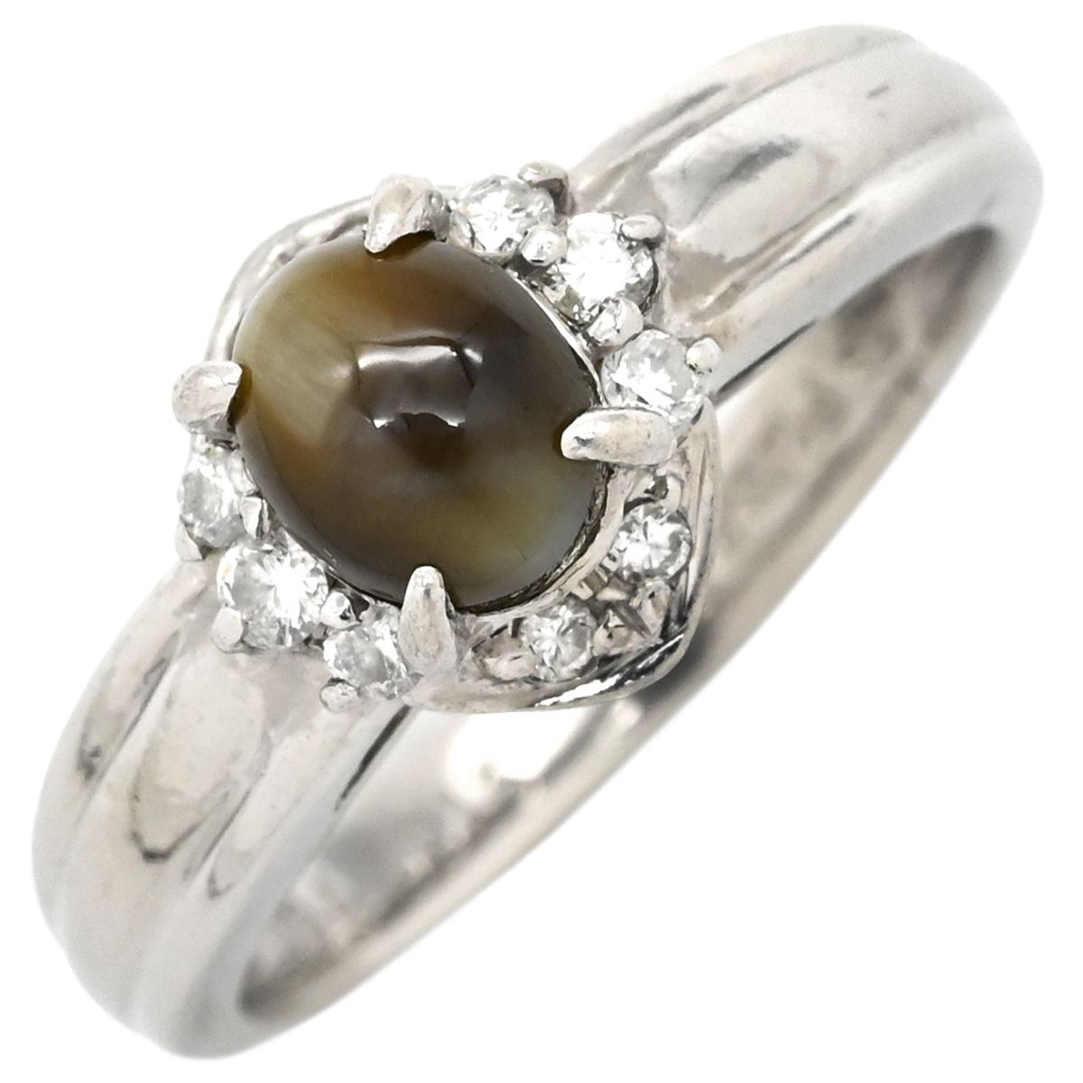 リング 指輪 キャッツアイ ダイヤリング Pt850 クリソベリルキャッツアイ ダイヤモンド プラチナシルバー 猫目石 10.5号