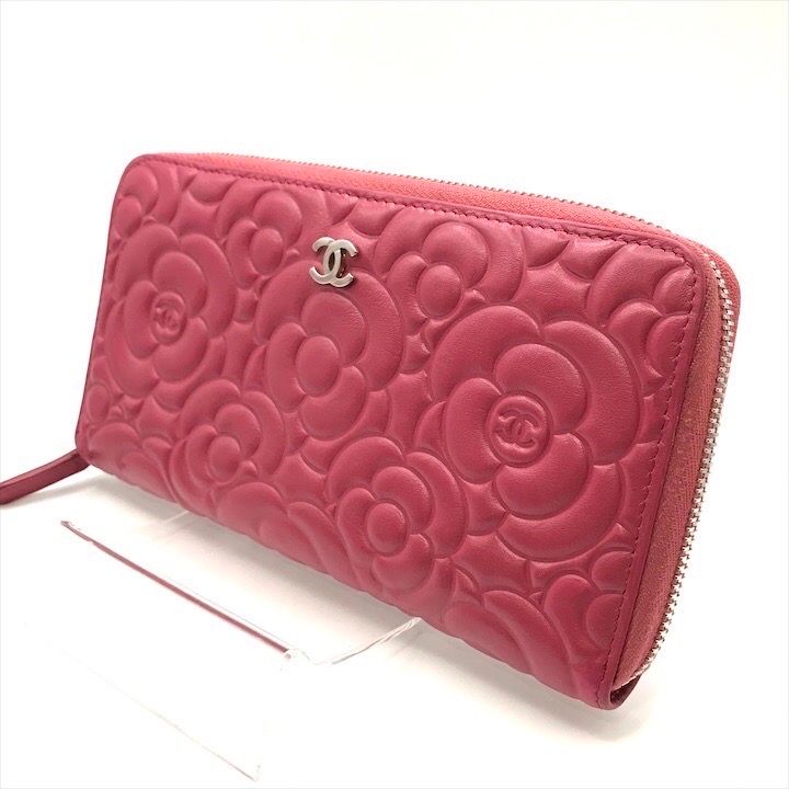 送料無料 通販  カメリア シャネル CHANEL 美品 レザー ファスナー ラウンド 小物