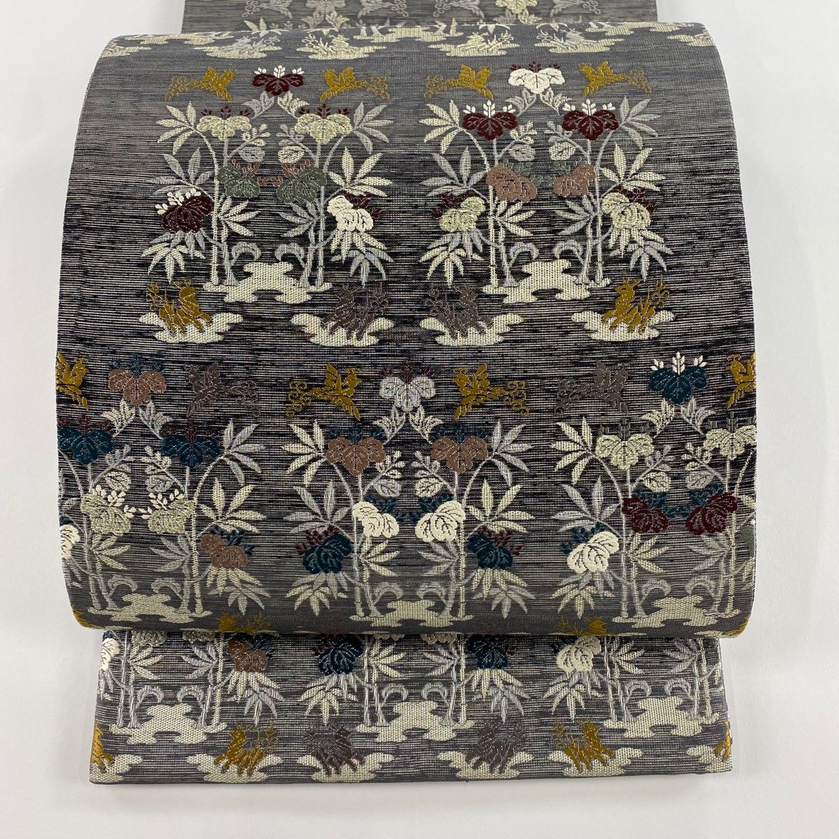 袋帯 秀品 桐 動物 金糸 黒灰 お太鼓柄 正絹