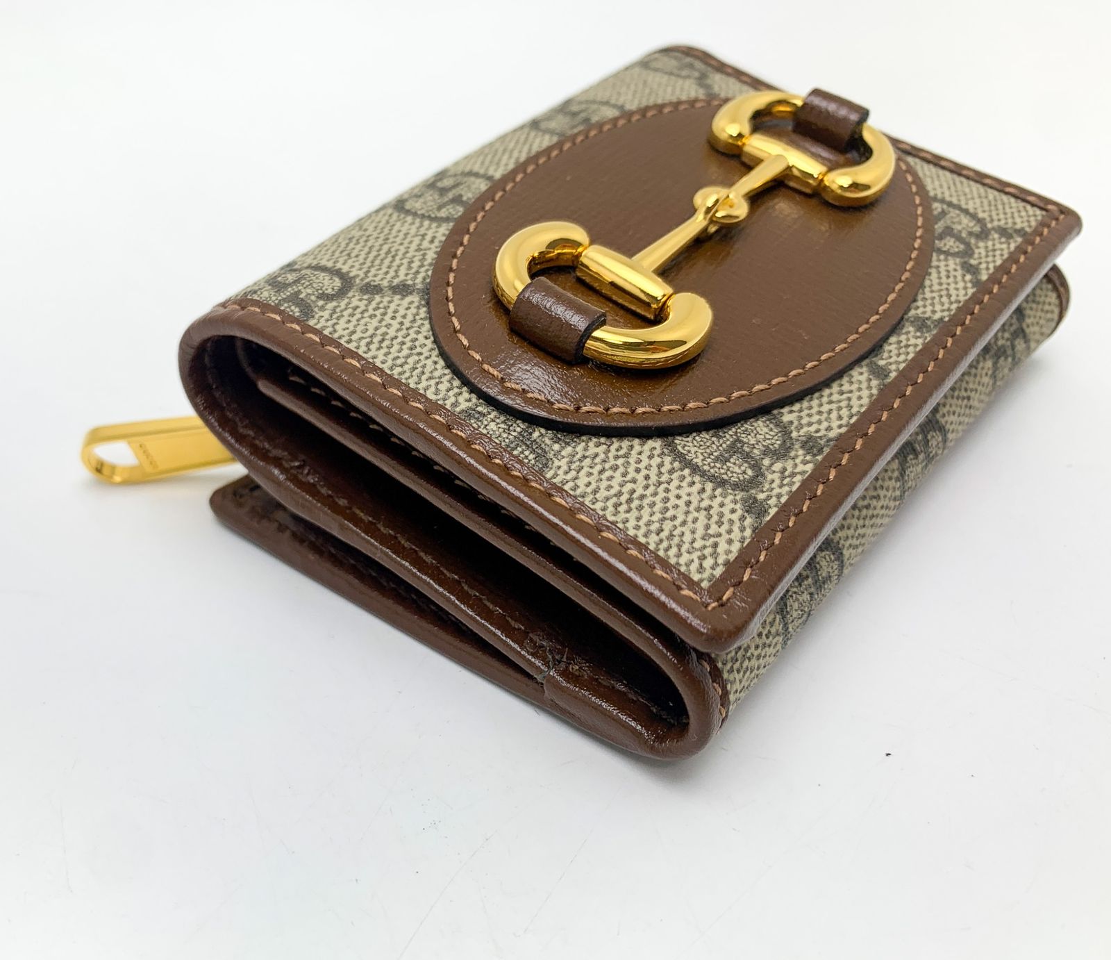 GUCCI グッチ ゴールド金具 ダークブラウン系 茶 GGスプリーム ホースビット 三つ折りウォレット 644462 コンパクトウォレット ミニサイフ 財布 ブランド