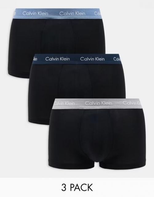 送料無料 カルバンクライン メンズ トランクス アンダーウェア Calvin Klein Cotton Stretch 3 pack low rise trunk with colored waistband in black Black